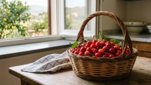 Un cesto di vimini colmo di ciliegie rosse fresche su un tavolo di legno in cucina, con una finestra aperta che si affaccia sulle colline campane