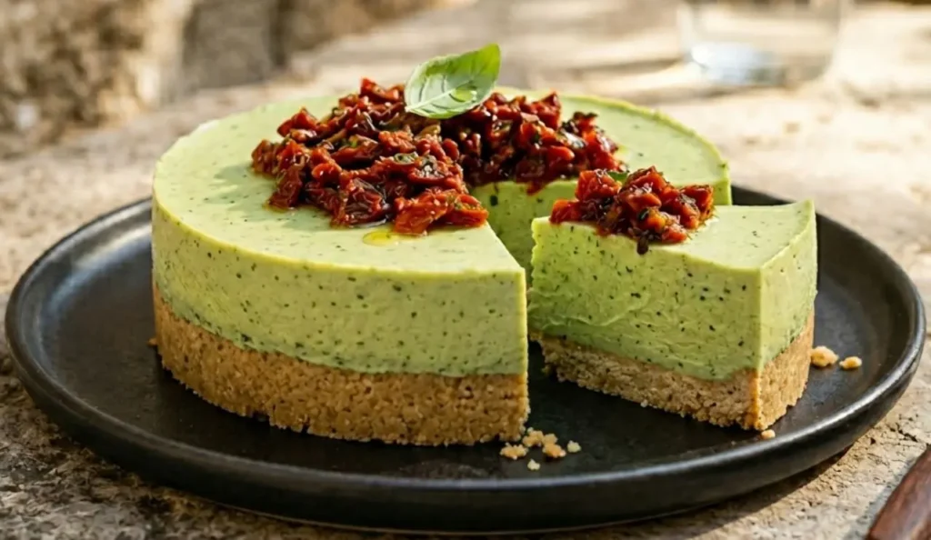 Cheesecake salata al basilico con base compatta di taralli pugliesi e burro, guarnita con pomodori secchi sott'olio, fetta tagliata su piatto scuro.
