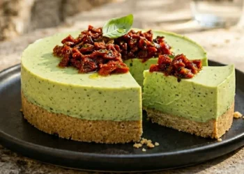 Cheesecake salata al basilico con base compatta di taralli pugliesi e burro, guarnita con pomodori secchi sott'olio, fetta tagliata su piatto scuro.