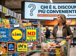 chi-discount-piu-conveniente-classifica-konsumer-2026 Donna al supermercato guarda cartellone Konsumer Italia sulla classifica discount più conveniente 2026 Eurospin Lidl MD Aldi IN's