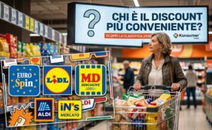 Donna al supermercato guarda cartellone Konsumer Italia sulla classifica discount più conveniente 2026 Eurospin Lidl MD Aldi IN's