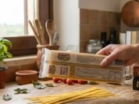 Una persona mostra il retro della confezione di spaghetti Tre Mulini Eurospin su un tagliere di legno in cucina, svelando lo stabilimento di produzione.