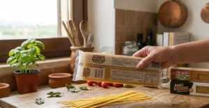 pasta-tre-mulini-eurospin-retro-confezione Una persona mostra il retro della confezione di spaghetti Tre Mulini Eurospin su un tagliere di legno in cucina, svelando lo stabilimento di produzione.