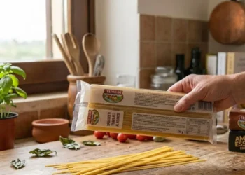pasta-tre-mulini-eurospin-retro-confezione Una persona mostra il retro della confezione di spaghetti Tre Mulini Eurospin su un tagliere di legno in cucina, svelando lo stabilimento di produzione.