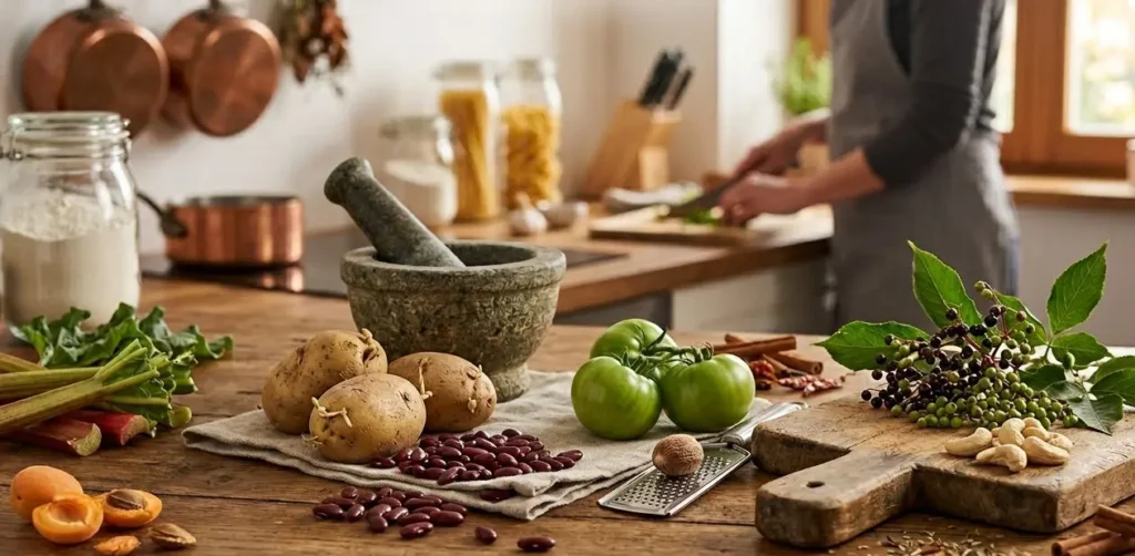 12 cibi tossici in cucina disposti su un tavolo in legno con patate germogliate, pomodori verdi, fagioli rossi e noce moscata