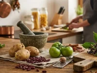 12 cibi tossici in cucina disposti su un tavolo in legno con patate germogliate, pomodori verdi, fagioli rossi e noce moscata
