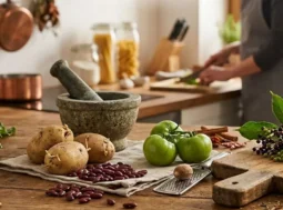 12 cibi tossici in cucina disposti su un tavolo in legno con patate germogliate, pomodori verdi, fagioli rossi e noce moscata