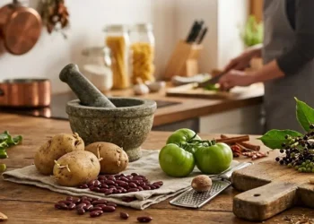 12 cibi tossici in cucina disposti su un tavolo in legno con patate germogliate, pomodori verdi, fagioli rossi e noce moscata