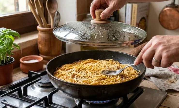 Aggiungete i cubetti di salame e provola, distribuendoli in modo omogeneo nell’impasto. In una padella antiaderente dai bordi alti, scaldate l’olio a fuoco medio. Quando sarà ben calda versate l’impasto di pasta e uova, livellando la superficie con una forchetta. Cuocete a fiamma medio-bassa per circa 10 minuti senza toccarla, coprendo con un coperchio. Quando i bordi saranno dorati e la superficie sarà quasi del tutto rassodata, giratela.