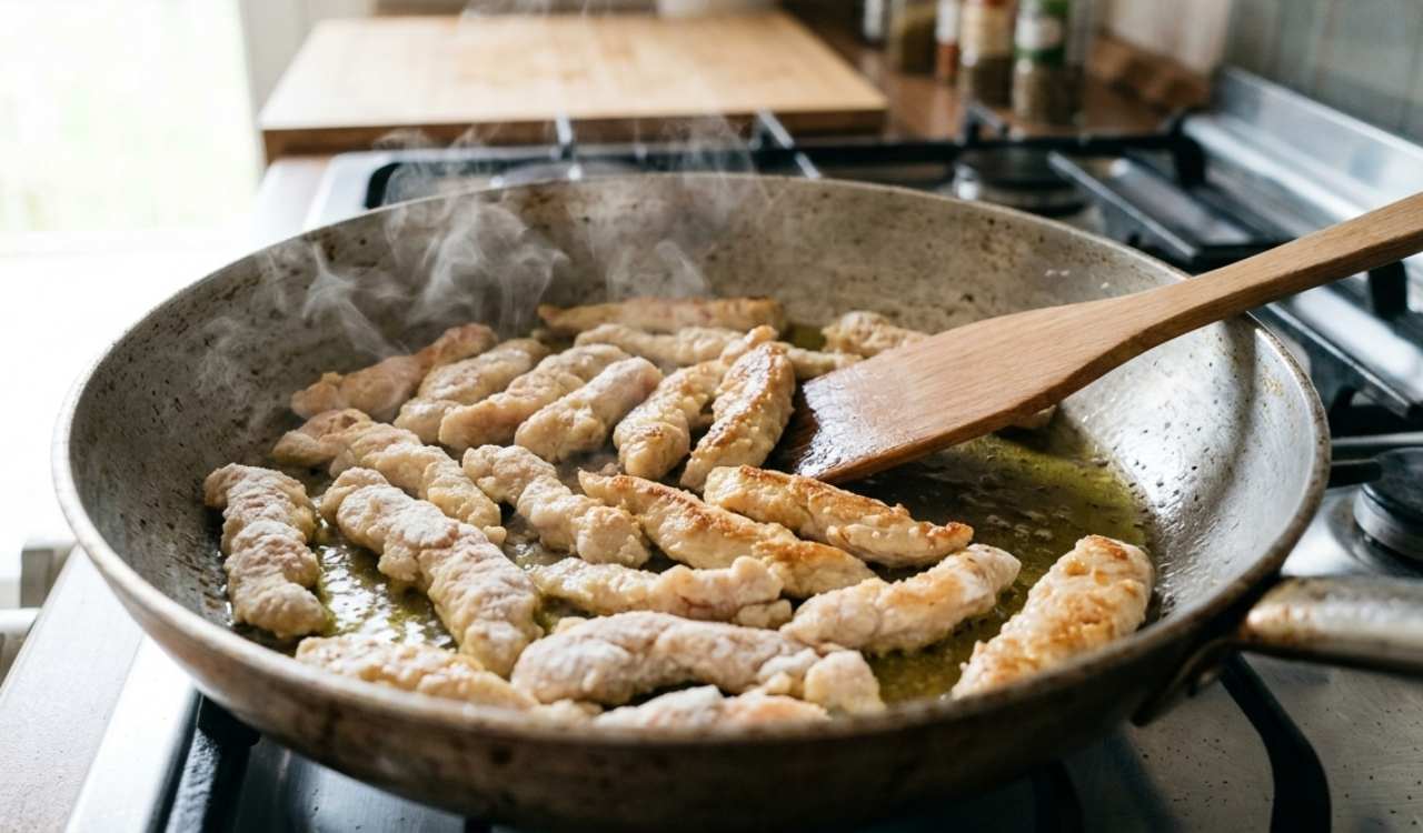 Fase di cottura: fate rosolare gli straccetti di pollo a fuoco vivo nella padella ben calda fino a quando non saranno leggermente dorati su tutti i lati.