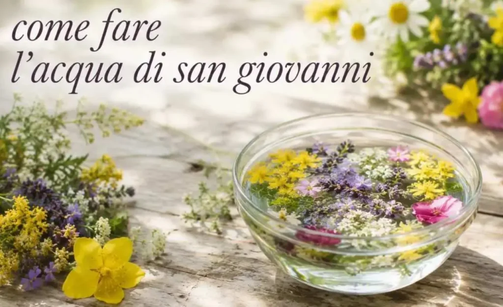 come-fare-acqua-di-san-giovanni-tradizione (1) Fotografia in stile romantico e shabby chic che mostra la preparazione dell'acqua di San Giovanni. Una bacinella di vetro colma d'acqua ed erbe spontanee (iperico, petali di rosa, lavanda e rosmarino) è posizionata all'aperto su un tavolo di legno durante il tramonto del 23 giugno, pronta a ricevere la rugiada della notte.