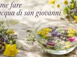 come-fare-acqua-di-san-giovanni-tradizione (1) Fotografia in stile romantico e shabby chic che mostra la preparazione dell'acqua di San Giovanni. Una bacinella di vetro colma d'acqua ed erbe spontanee (iperico, petali di rosa, lavanda e rosmarino) è posizionata all'aperto su un tavolo di legno durante il tramonto del 23 giugno, pronta a ricevere la rugiada della notte.