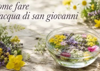 come-fare-acqua-di-san-giovanni-tradizione (1) Fotografia in stile romantico e shabby chic che mostra la preparazione dell'acqua di San Giovanni. Una bacinella di vetro colma d'acqua ed erbe spontanee (iperico, petali di rosa, lavanda e rosmarino) è posizionata all'aperto su un tavolo di legno durante il tramonto del 23 giugno, pronta a ricevere la rugiada della notte.