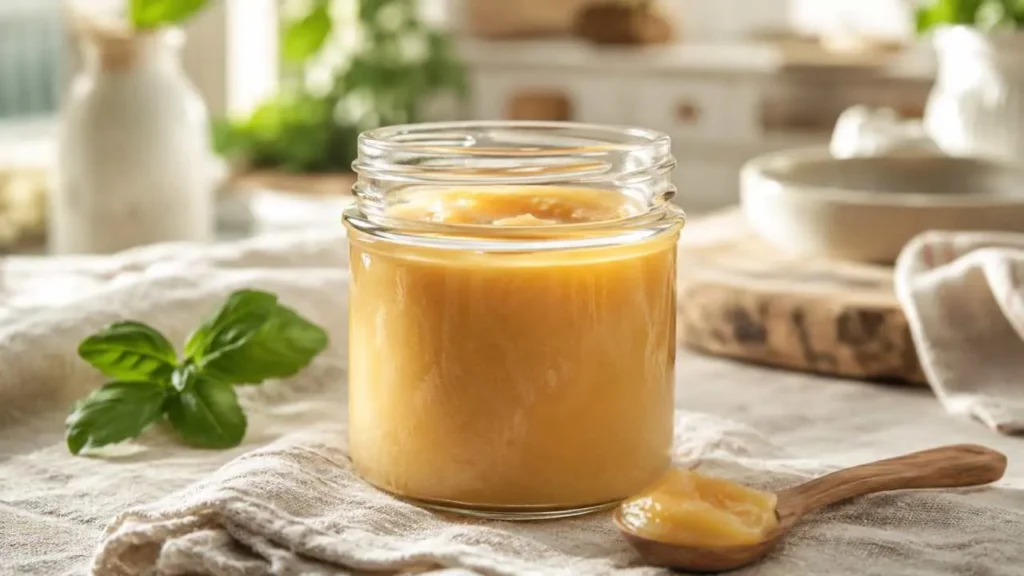 Un vasetto di vetro con burro nocciola fatto in casa solido e cremoso, stile shabby chic