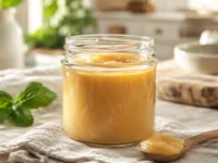 Un vasetto di vetro con burro nocciola fatto in casa solido e cremoso, stile shabby chic