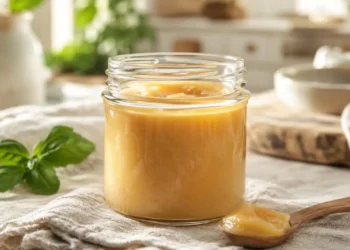 come-fare-burro-nocciola Un vasetto di vetro con burro nocciola fatto in casa solido e cremoso, stile shabby chic