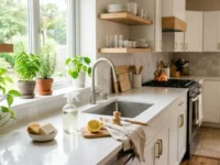 Cucina moderna e luminosa perfettamente pulita e ordinata, con ingredienti naturali come limone e soluzioni eco-friendly sul piano di lavoro.