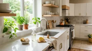 Cucina moderna e luminosa perfettamente pulita e ordinata, con ingredienti naturali come limone e soluzioni eco-friendly sul piano di lavoro.