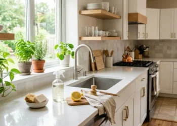 Trucchi per mantenere la cucina sempre pulita e igienizzata Cucina moderna e luminosa perfettamente pulita e ordinata, con ingredienti naturali come limone e soluzioni eco-friendly sul piano di lavoro.