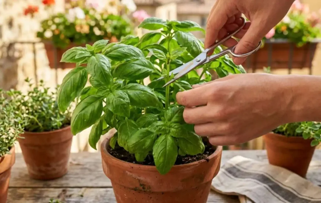 come-potare-la-pianta-di-basilico-luglio Mani che potano strategicamente un ramo di una pianta di basilico verde sul balcone