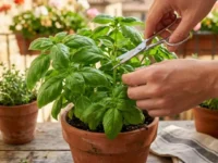 Mani che potano strategicamente un ramo di una pianta di basilico verde sul balcone