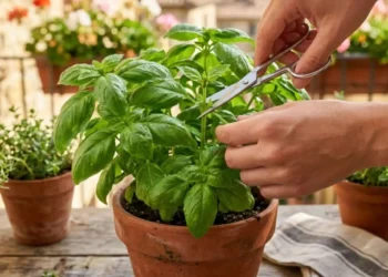 come-potare-la-pianta-di-basilico-luglio Mani che potano strategicamente un ramo di una pianta di basilico verde sul balcone