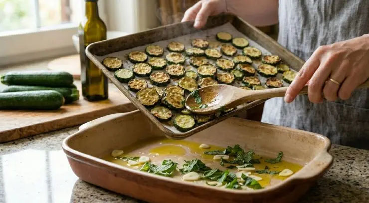 Intanto preparate il condimento: unite l’aceto, un cucchiaio di olio evo, l’aglio e le foglie di menta fresca spezzettate grossolanamente. Appena le zucchine saranno pronte ed ancora caldissime, sfornatele e versatele direttamente nella pirofila. Mescolate delicatamente, regolate di sale e pepe, e lasciate riposare per almeno due ore a temperatura ambiente prima di servire. Buon appetito!