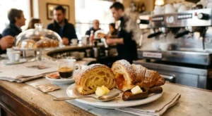 Un cornetto al bar tagliato a metà che mostra il ripieno di marmellata e la sfogliatura interna, appoggiato sul bancone di una caffetteria italiana con una tazzina di caffè espresso e macchina del caffè sullo sfondo sfocato.