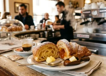 Cosa c'è dentro il cornetto al bar - Inchiesta Report Un cornetto al bar tagliato a metà che mostra il ripieno di marmellata e la sfogliatura interna, appoggiato sul bancone di una caffetteria italiana con una tazzina di caffè espresso e macchina del caffè sullo sfondo sfocato.