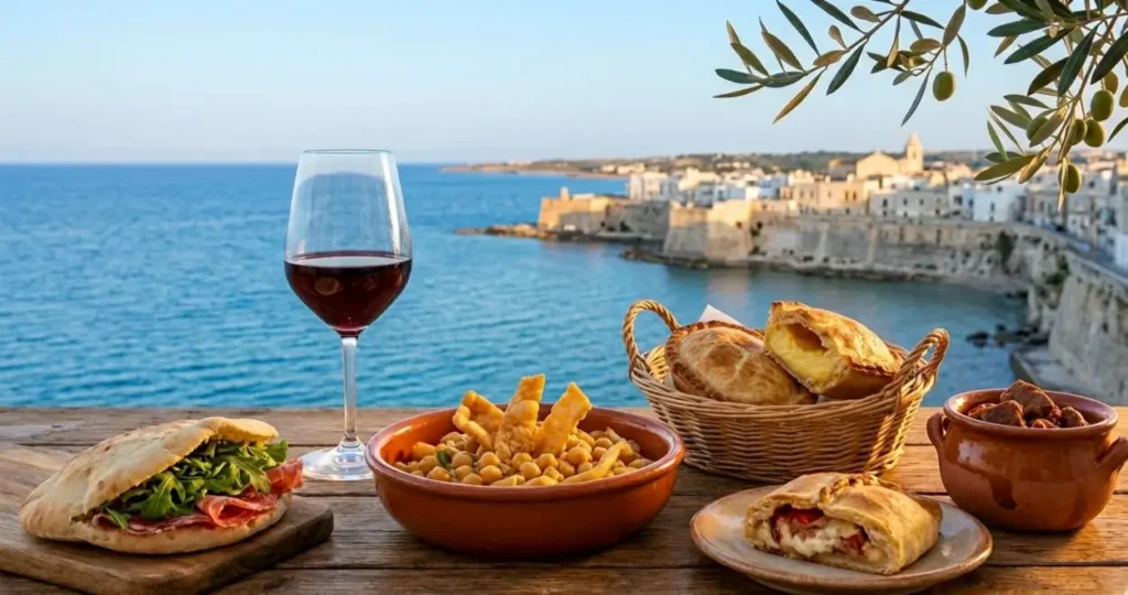 Tavolo in legno con piatti tipici del Salento, ciceri e tria, pasticciotto leccese, rustico e un bicchiere di vino rosso, con sfondo della costa di Otranto al tramonto.