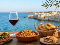 Tavolo in legno con piatti tipici del Salento, ciceri e tria, pasticciotto leccese, rustico e un bicchiere di vino rosso, con sfondo della costa di Otranto al tramonto.