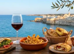 Tavolo in legno con piatti tipici del Salento, ciceri e tria, pasticciotto leccese, rustico e un bicchiere di vino rosso, con sfondo della costa di Otranto al tramonto.