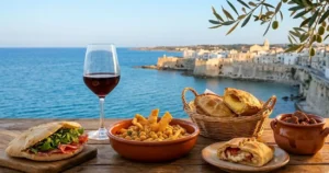 Tavolo in legno con piatti tipici del Salento, ciceri e tria, pasticciotto leccese, rustico e un bicchiere di vino rosso, con sfondo della costa di Otranto al tramonto.