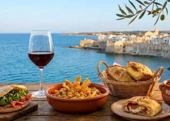 Tavolo in legno con piatti tipici del Salento, ciceri e tria, pasticciotto leccese, rustico e un bicchiere di vino rosso, con sfondo della costa di Otranto al tramonto.
