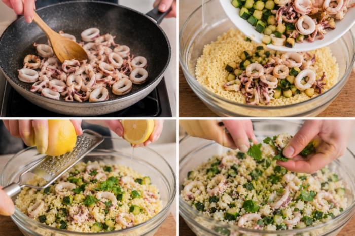 Nella stessa padella rovente, saltate i calamari per non più di 2-3 minuti a fiamma altissima: una cottura prolungata li renderebbe gommosi. Spegnete il fuoco e lasciateli intiepidire. Unite il cous cous, le zucchine, i calamari, il succo, la scorza del limone e le foglie di menta spezzettate a mano. Mescolate accuratamente e conservate al fresco fino al momento di portare in tavola: buon appetito!