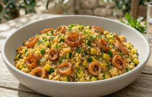 Cous cous freddo estivo condito con anelli di calamari cotti alla perfezione, zucchine a dadini, foglioline di menta fresca e scorza di limone, servito in una ciotola di ceramica chiara.
