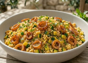 Cous cous freddo estivo condito con anelli di calamari cotti alla perfezione, zucchine a dadini, foglioline di menta fresca e scorza di limone, servito in una ciotola di ceramica chiara.