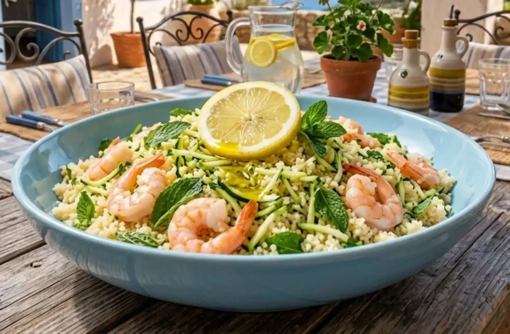 Couscous freddo con gamberetti, zucchine grattugiate a crudo, limone e menta fresca servito in una ciotola