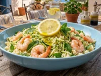 Couscous freddo con gamberetti, zucchine grattugiate a crudo, limone e menta fresca servito in una ciotola