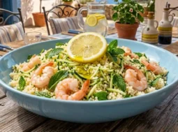 Couscous freddo con gamberetti, zucchine grattugiate a crudo, limone e menta fresca servito in una ciotola