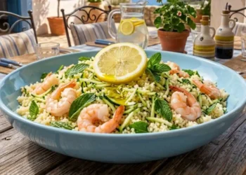 couscous-freddo-gamberetti-zucchine-a-crudo Couscous freddo con gamberetti, zucchine grattugiate a crudo, limone e menta fresca servito in una ciotola