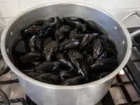 Pentola in acciaio colma di cozze fresche pulite pronte per la preparazione dell'autentica impepata di cozze napoletana.