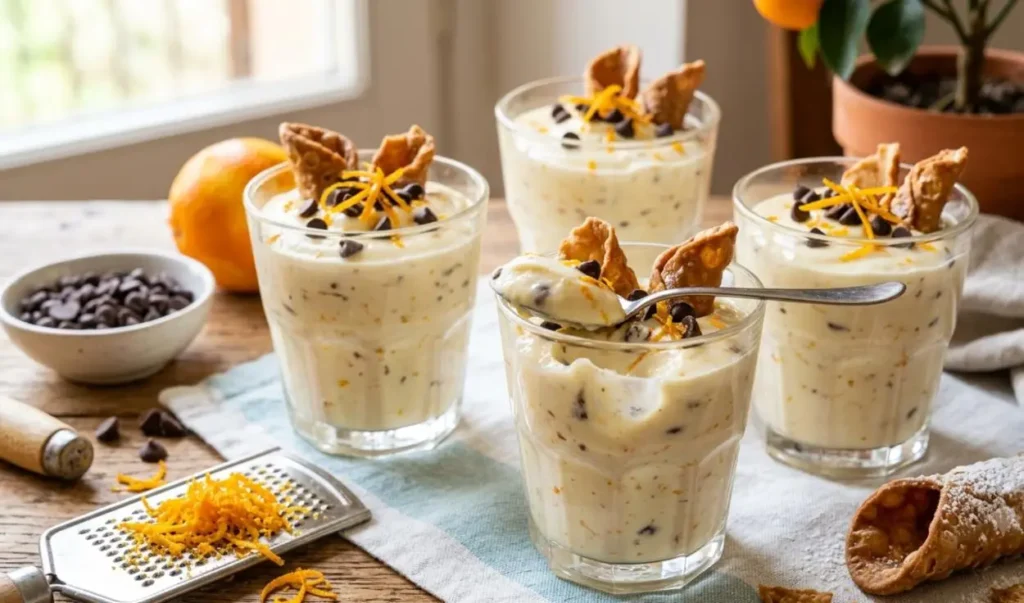 Crema di ricotta al bicchiere con cioccolato e arancia Quattro bicchieri di crema di ricotta siciliana liscia e vellutata con gocce di cioccolato fondente, scorza d'arancia e cialde di cannolo croccanti su un tavolo in legno.