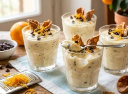 Crema di ricotta al bicchiere con cioccolato e arancia Quattro bicchieri di crema di ricotta siciliana liscia e vellutata con gocce di cioccolato fondente, scorza d'arancia e cialde di cannolo croccanti su un tavolo in legno.