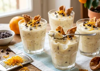 Quattro bicchieri di crema di ricotta siciliana liscia e vellutata con gocce di cioccolato fondente, scorza d'arancia e cialde di cannolo croccanti su un tavolo in legno.