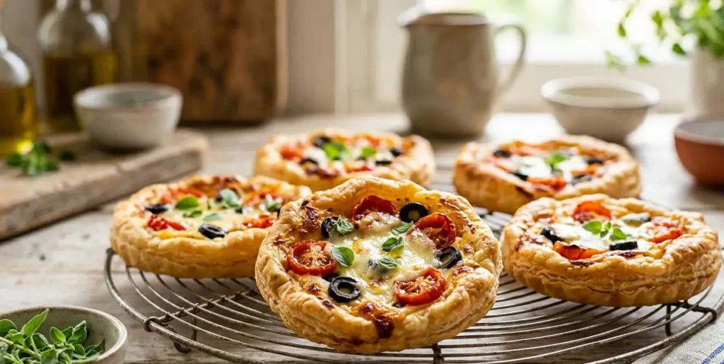 Ricetta Crostatine Salate Veloci Crostatine salate veloci di pasta sfoglia con pomodorini, olive nere e mozzarella filante su una gratella da cucina.