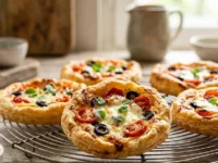 Crostatine salate veloci di pasta sfoglia con pomodorini, olive nere e mozzarella filante su una gratella da cucina.
