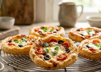 Ricetta Crostatine Salate Veloci Crostatine salate veloci di pasta sfoglia con pomodorini, olive nere e mozzarella filante su una gratella da cucina.