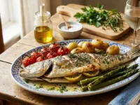 Pesce intero al forno con patate, asparagi e pomodorini su un tavolo in legno rustico