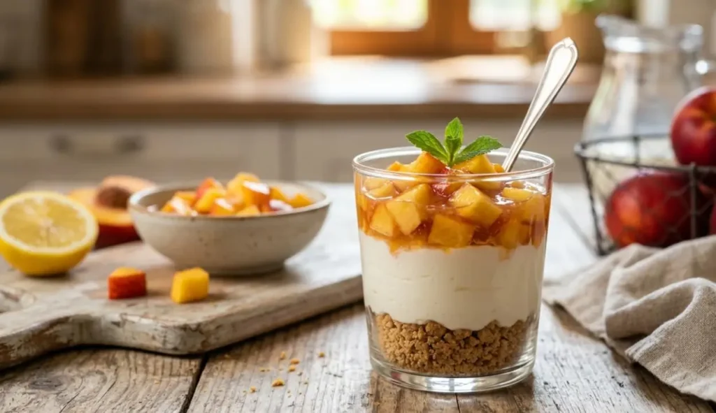Un dessert al cucchiaio in un bicchiere trasparente stratificato con base di biscotti sbriciolati, yogurt greco cremoso e pesche nettarine a cubetti sciroppate a freddo con una foglia di menta, su un tavolo di legno rustico.